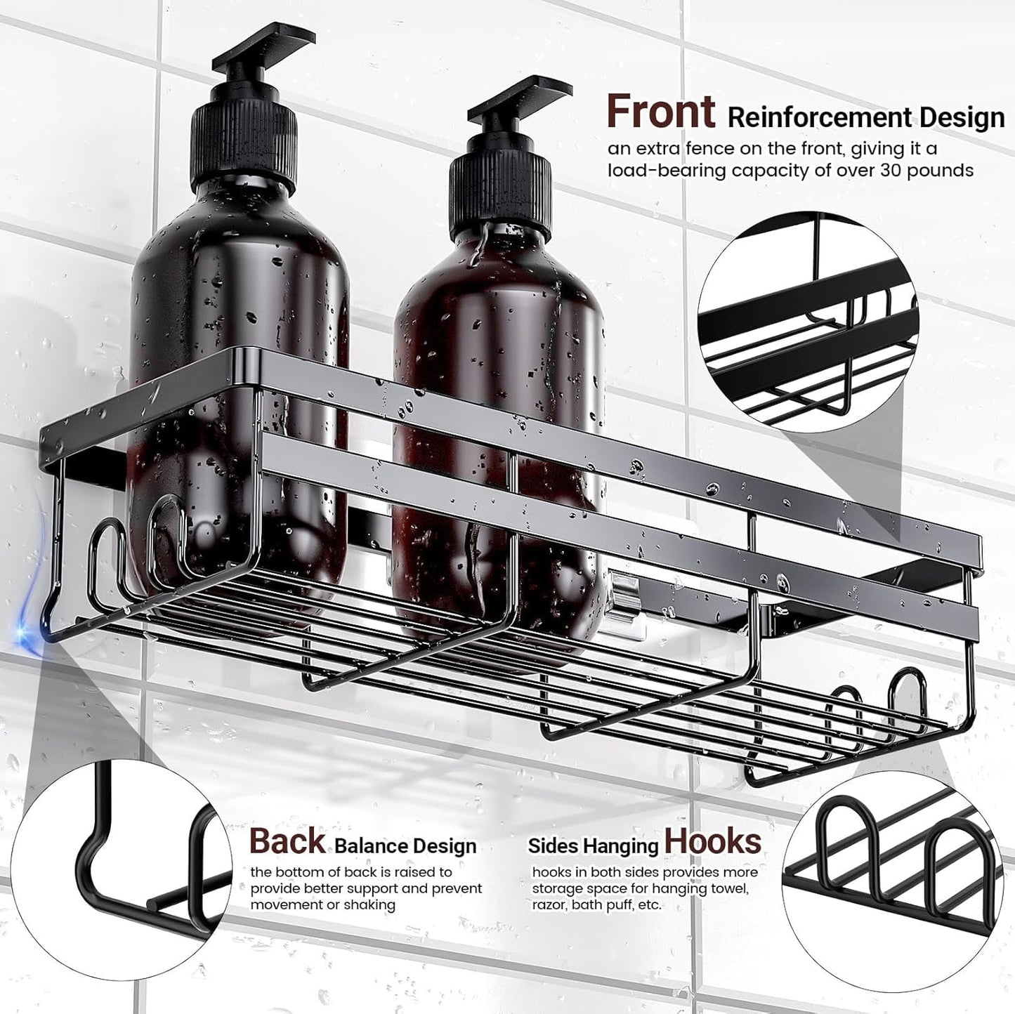 Shower Caddies 4 Pack - Adhesive Hanging Shower Shelf - Bathroom Organizers and Storage, No Drilling Stainless Shower Shelves for Home Decor, Bathroom Accessories