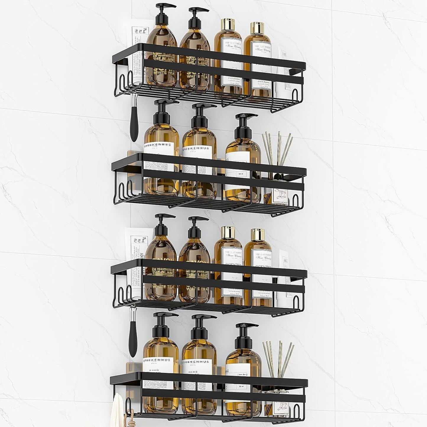 Shower Caddies 4 Pack - Adhesive Hanging Shower Shelf - Bathroom Organizers and Storage, No Drilling Stainless Shower Shelves for Home Decor, Bathroom Accessories